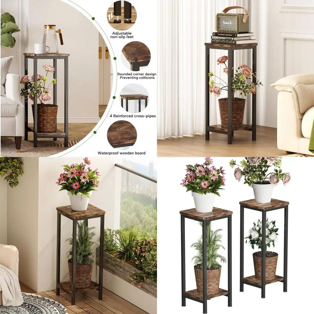 

2-Tier Indoor Wooden Plant Stand, Square Design for Living Room, Patio, or Balcony, Rustic Brown
