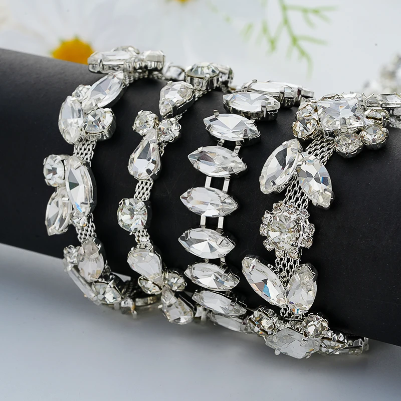 DUCRYSTARL 1Yard/90CM Rhinestone Claw Chain Silver Base Sew on Crystal Rhinstone Chain Trim Dress Garment Accessories