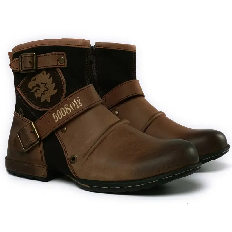 Sapatilhas de couro vintage masculino Winter, sapatos com zíper quente, estilo metal, equitação retrô, moda masculina, 2023