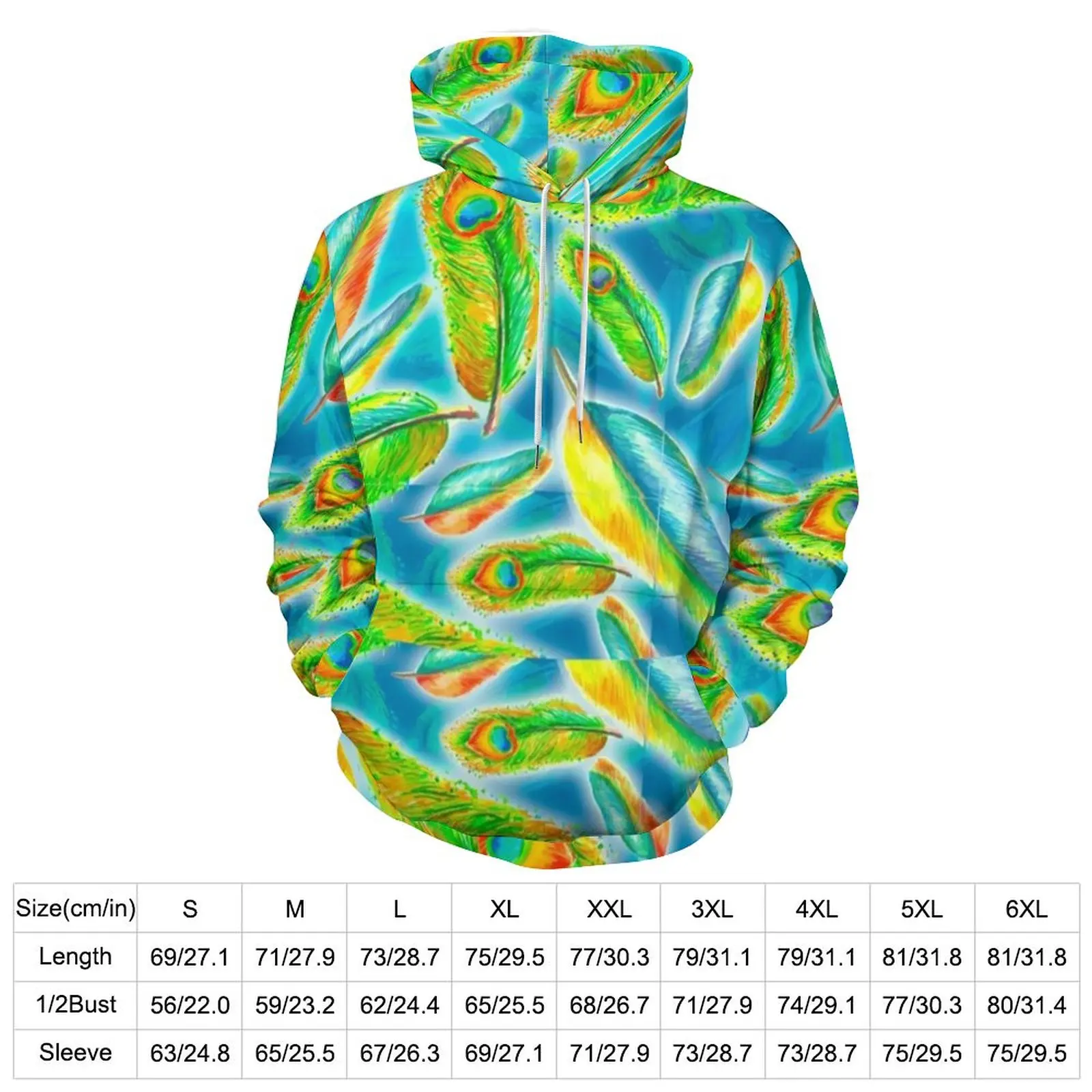 Colorful Peacock Feather Loose Hoodies Animal Print Street Style Hoodie Unisex Long Sleeve Pretty Hooded Sweatshirts Large Size