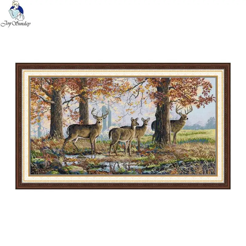 Joy Sunday Under the Oaks Animal Printed Canvas 16CT Cross Stitch Complete Kit DIY Embroidery DMC Threads Painting Handicraft