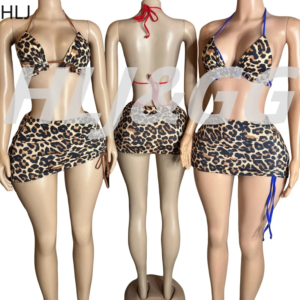 HLJ Sexy Leopard Print Bikinis 2025 Women Swimsuit Spaghetti Strap Underwear + Lace Up Underpants + Skirt Female Bikini Set New