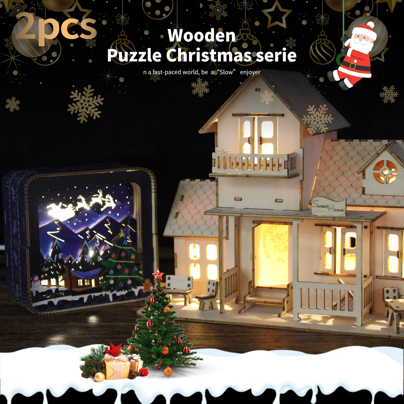 

2 шт. 3D деревянные пазлы, комплект моделей с Рождеством, ночные огни и милая домашняя музыкальная шкатулка, украшения для стола, подарки на день рождения, Рождество