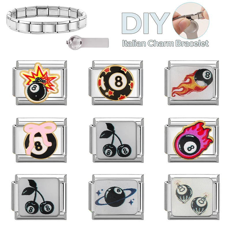 رابط سحر إيطالي يدوي الصنع على شكل كوكب وزهرة وكرز وقوس قلب وكرة رقم 8 سوداء يناسب سوار من الفولاذ المقاوم للصدأ بعرض 9 ملم هدايا موضة للرجال والنساء - 2