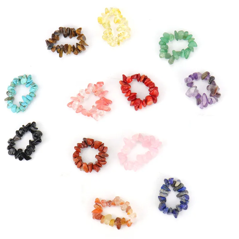 Elastic Natural Gem Stone Rings Irregular Crystal Stretch Chip Beads Nuggets Ring Quartz Wristband for Women