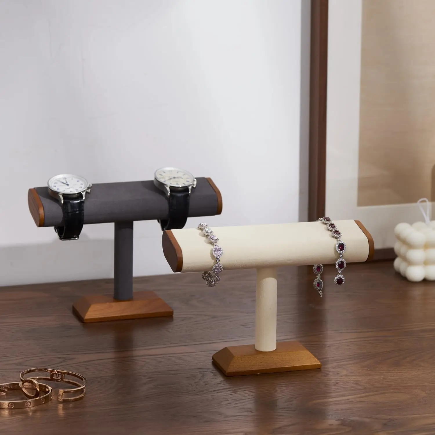 Solid Wood T-Bar Watch Display Stand, Grey Jewelry Organizer for Bracelets