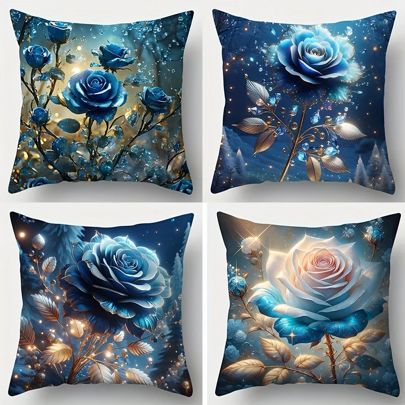 4 stylish blue rose print cushion covers for home decor on living room sofas, insert not included