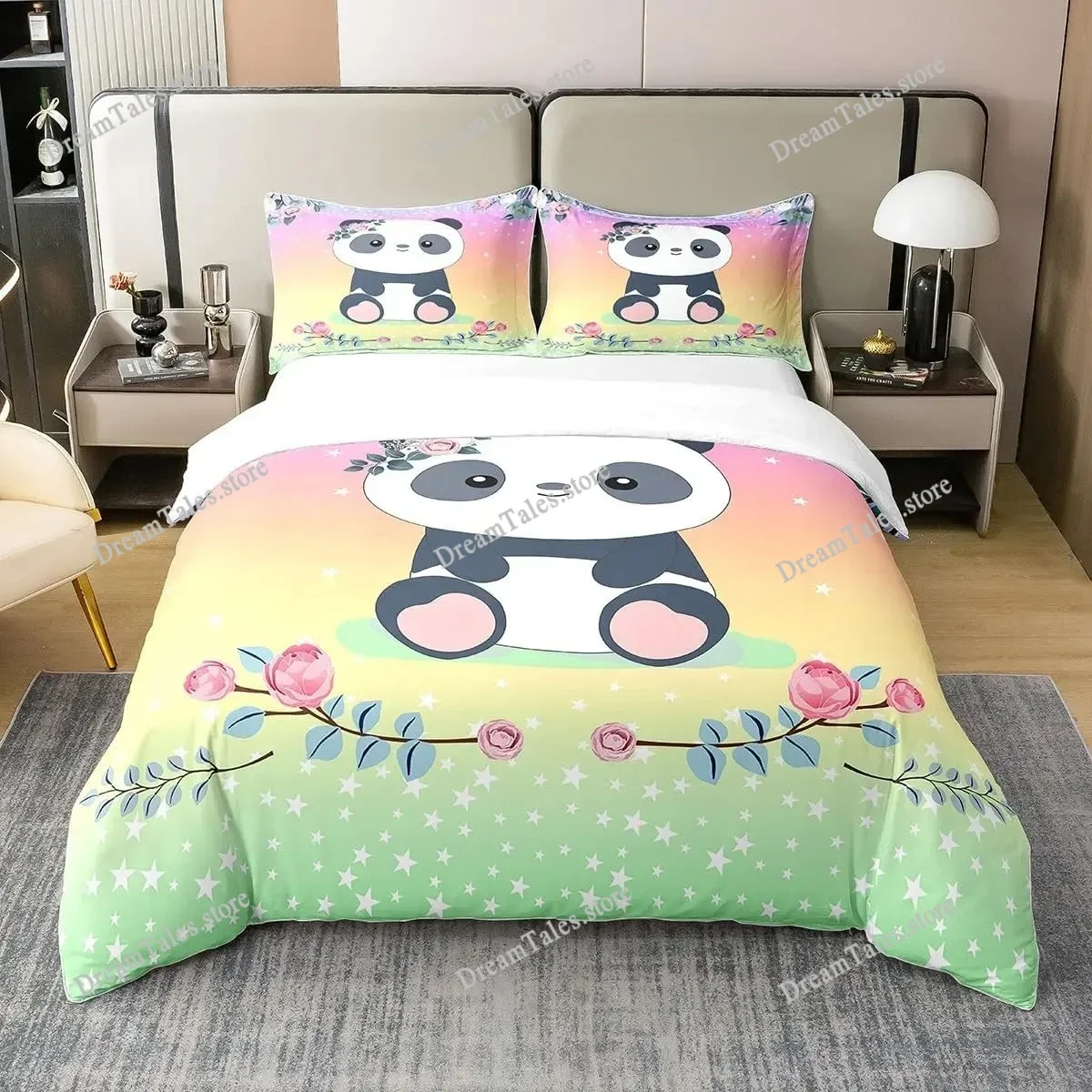 Colored Panda Bedding Set Duvet Cover , Soft Home Textile Polyester 3D Digital Print Bedding Set with Zip Home Textileextile