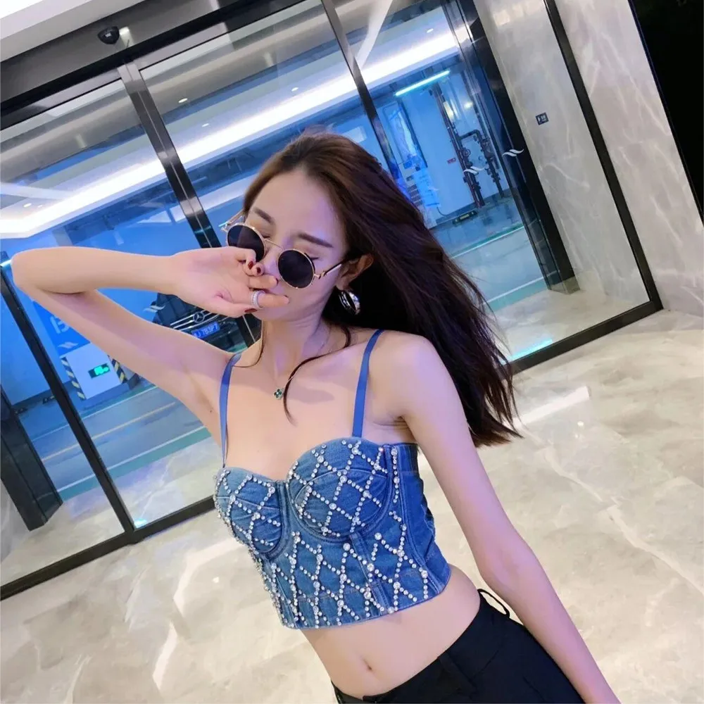 

2024 Summer Denim Women's Spaghetti Strap Diamonds Ripped Push Up Bustier Night Club Party Crop Top Corset Vest