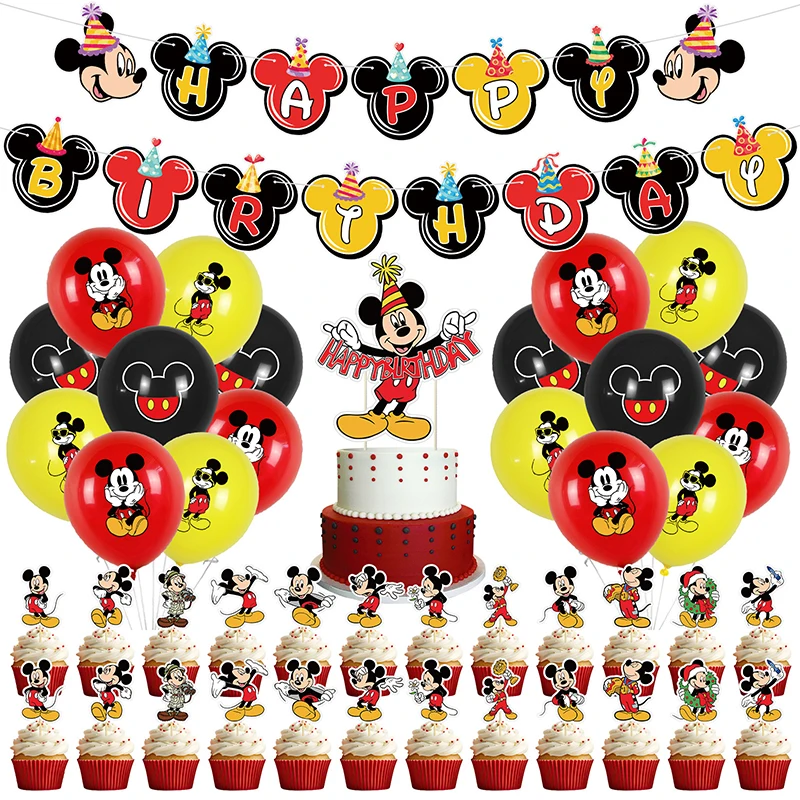 

New Disney Theme Mickey Minnie Series Party Decorations Kids Birthday Background Banner And Ballons Cake Decor Supplies