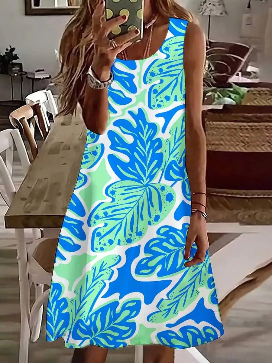 

Women Sleeveless Leaf Print Dress Blue Green Summer Beach Casual