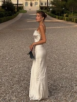 Sexy Women V-neck Satin Sling Maxi Dress Chic White Lace Patchwork Sleeveless Backless Slim Gowns Summer Evening Party Dresses - Image 6