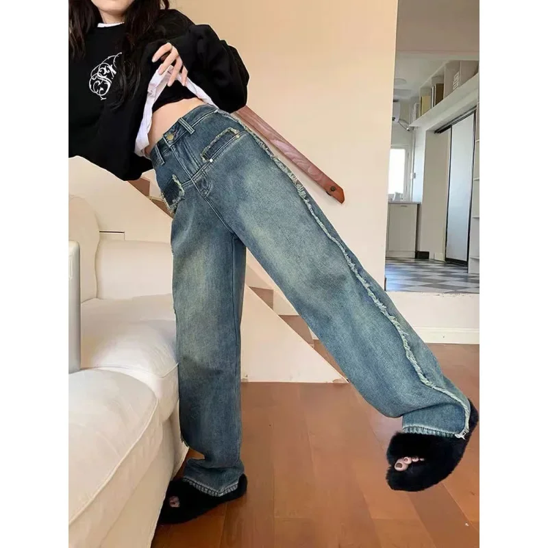 

Retro raw-edge jeans women's autumn and winter fashion design sense niche temperament slim loose wide-leg straight mop pants