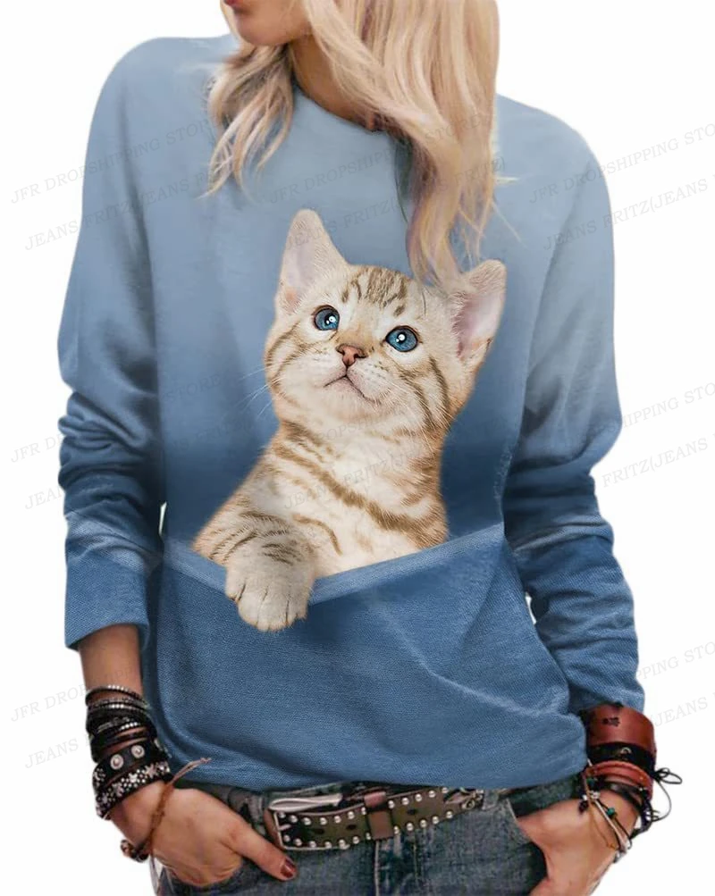 女性用長袖ラウンドネックTシャツ,動物柄,かわいい猫のパーカー,原宿,高品質,コート,女の子用トラックスーツ