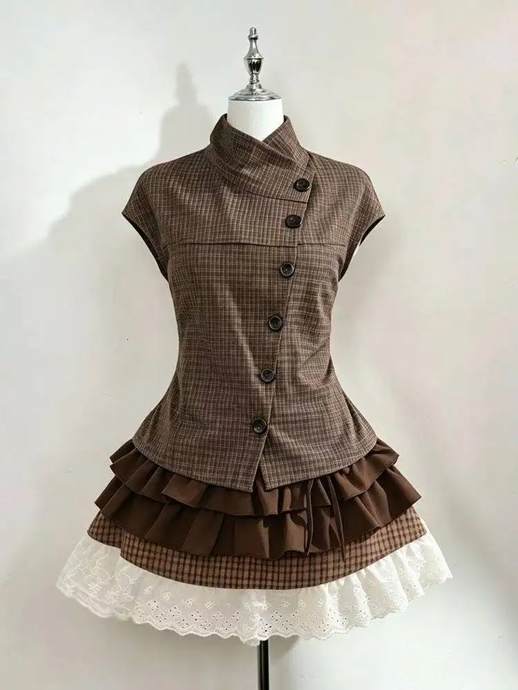 Y2K Daily Summer Hot Girl 2Pcs Suit Women Retro Plaid Short Sleeve Blouse High Waist Pleated Skirt Harajuku Streetwear 2026 view 5