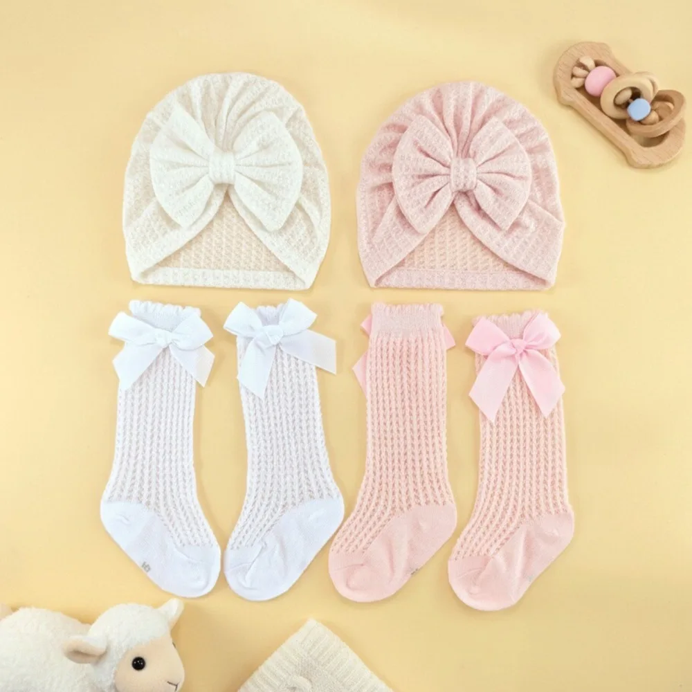 2Pcs/Set Baby Toddlers Knee High Long Socks Cotton Big Bow Spanish Style Hosiery Soft Cute White Knitted Mesh Sock for Infant