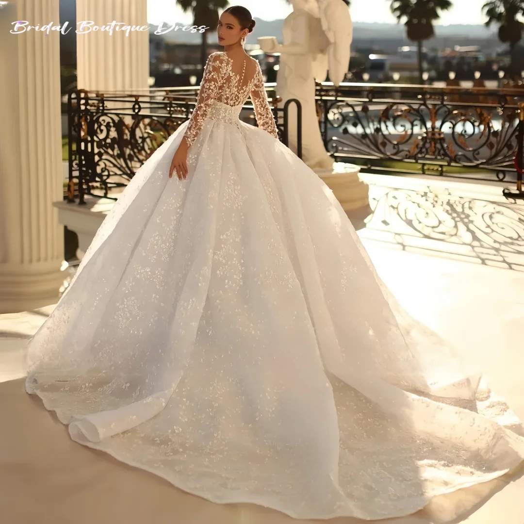 Vestido de novia personalizado, exquisito, elegante, de tul, de manga larga, Apliques de encaje, lentejuelas, vestido de novia con cuentas, vestido de novia, chaleco de tren