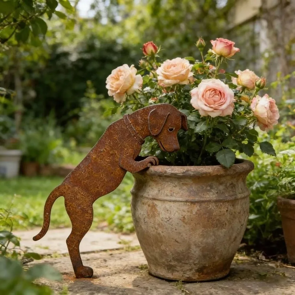 Rustic Rusty Finish Metal Cat Puppy Garden Statue Earth-Tone Color Freestanding Structure Lawn Animal Figurine