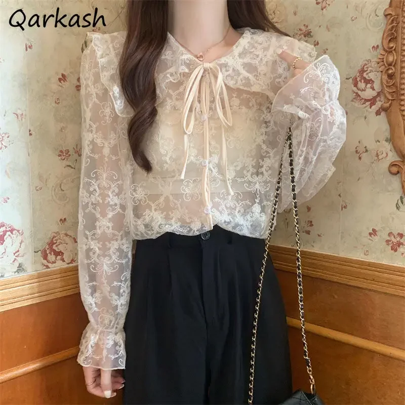 

Lace Long Sleeve Shirts Women Peter Pan Collar Thin Tender Single Breasted Basic Spring Summer Loose Tops Solid Simple Lace-up