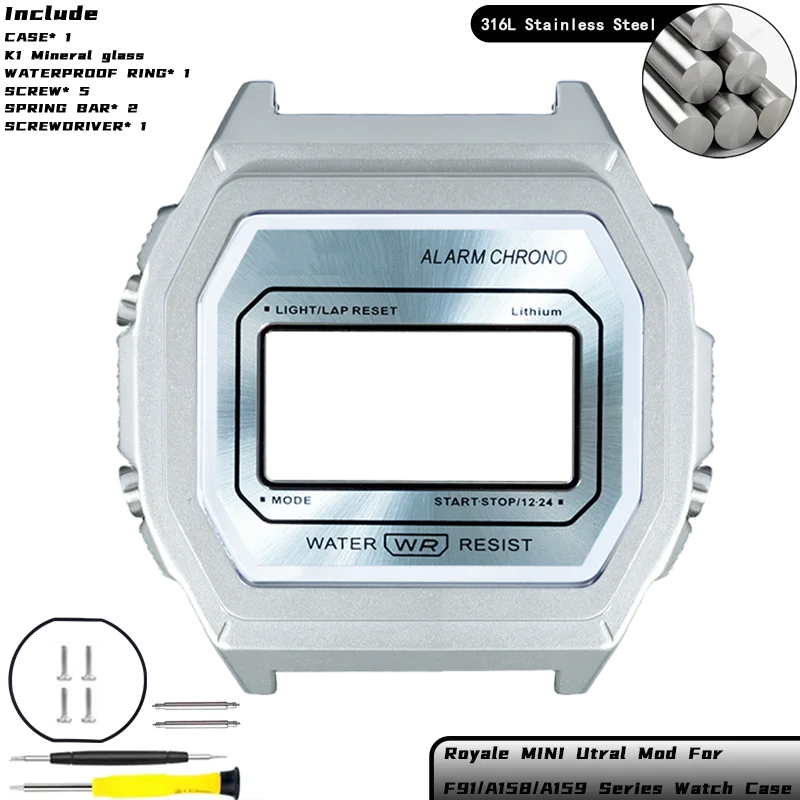 Royale Ultra Mod für CASIO F-91/A158/A159 Uhrengehäuse 316L Edelstahl K1 Mineral Poliert Gebürstetes Mattes Gehäuse Sunray Zifferblatt-Set – Detail 12
