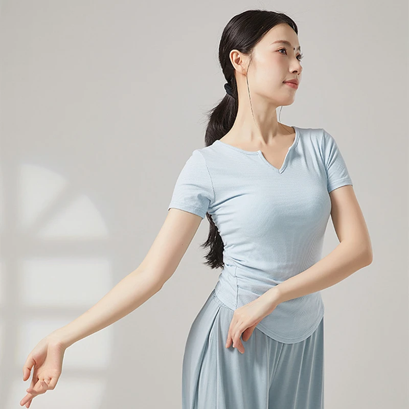 현대 무용 여성 탑 반팔 v 넥 티셔츠 솔리드 컬러 클래식 트레이닝 의류 캐주얼 티 요가 여름 슬림 블라우스