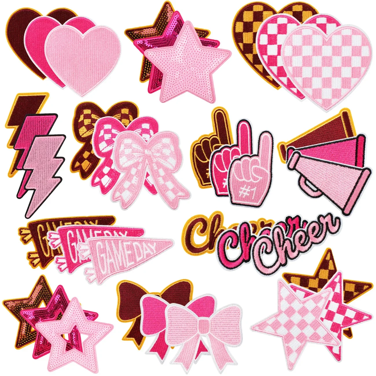 Pink Cheer Game Day Sequin Patch, Iron on Retro Heart Star Bow Applique for DIY Clothing Bags Hats Decor Sewing Craft Supplies