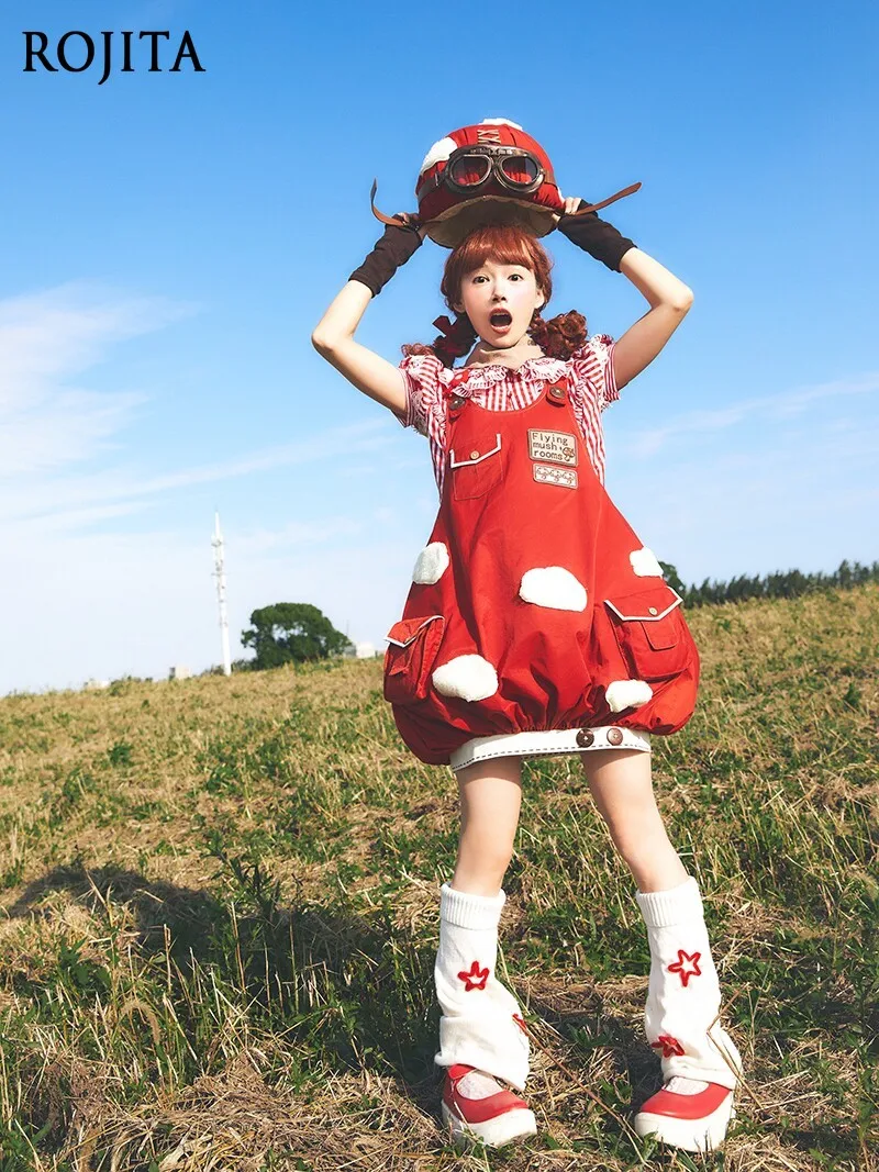 

Red Cute Strap JSK Bud Skirt Sweet Mushroom Lolita Suspender Skirt Red Polka Dot Puff Skirt Overalls Dress