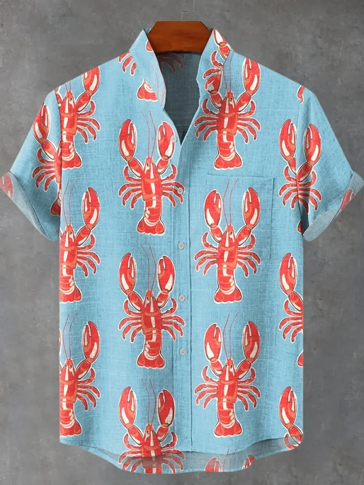 Herren-Hemd, Sommer, bequem, atmungsaktiv, modisch, Knopfleiste, lässig, Kunst, Hummermuster, bedruckt, Leinen, kurzärmelig, Herrenhemd