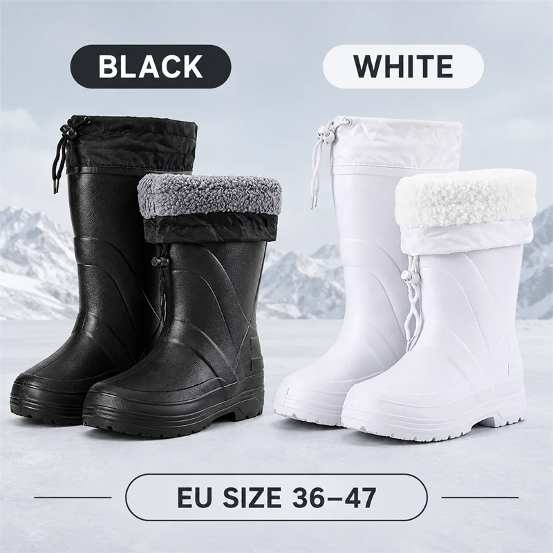 Men's EVA Rain Boots Waterproof Winter Warm Plush Lined Non-Slip Mid-Calf Snow Boots Platform Outdoor Fishing Shoes Men Women