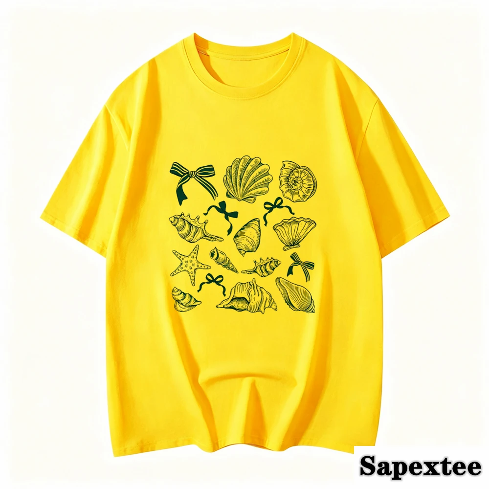 Summer American Retro Y2k Marine Animal Conch Bow Pattern T-shirt Women's Loose Round Neck Street Clothing Half-sleeved Top