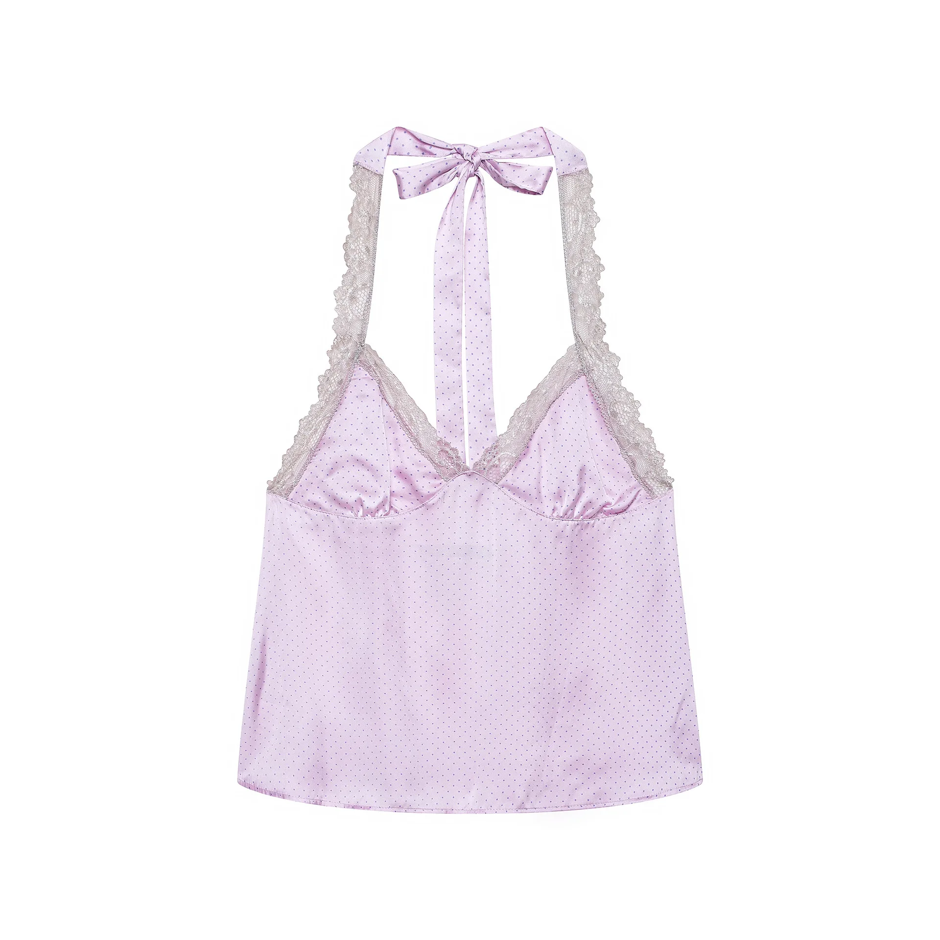 2026 new women's clothing cross-border European and American fashion sexy polka dot lace silk satin halter neck vest top
