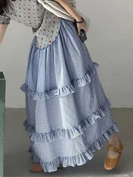 Zoki Korean Ruffles Plaid Long Skirts Women High Waist Loose Elegant Skirt Vintage Preppy Style Casual Female Sweet Dance Skirt
