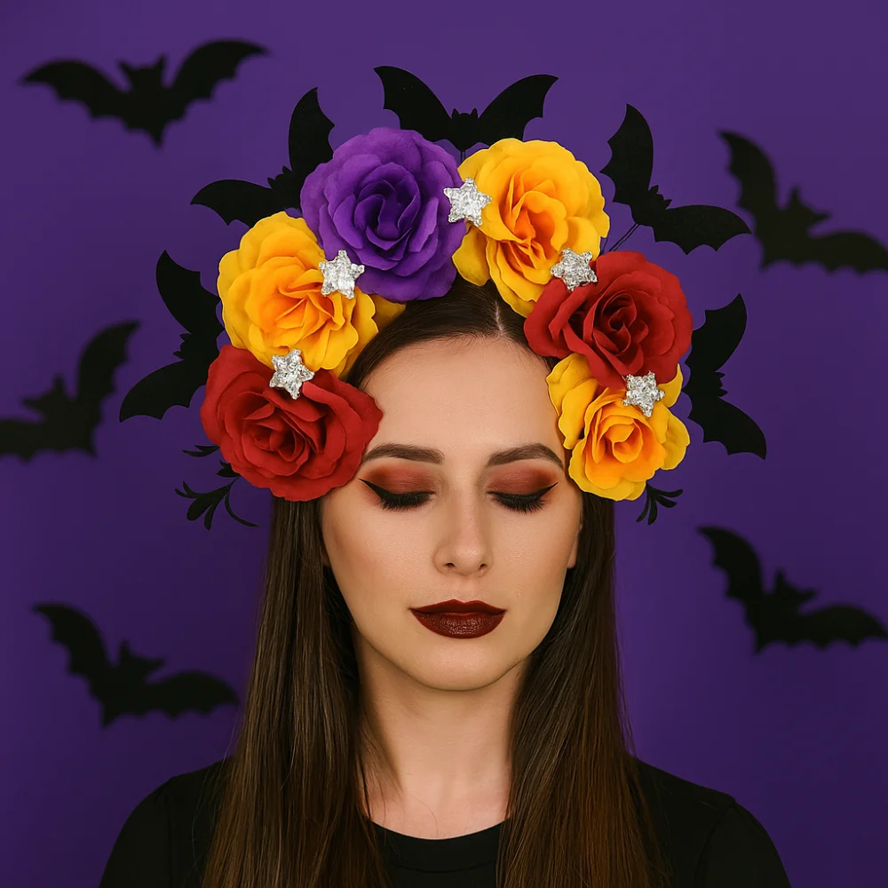 

Exaggerated Skull Head Headband Simulation Bat Halloween Decor Halloween Hair Hoop Colorful Funny Gothic Flower Hairband