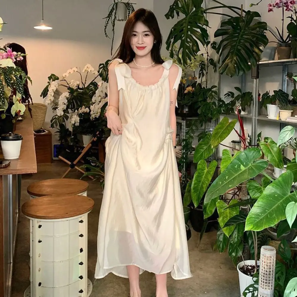 

Elegant White Shoulder Beach Dress Summer Style Mid-Length Long Ress Slim-fit Loose Dress Beach Vocation