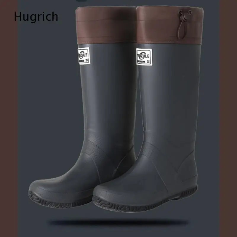 Women Tall Knee High Rain Boots Two Tone Design Label Patch Decor Waterproof Upper for Outdoor Rainy Day Activities