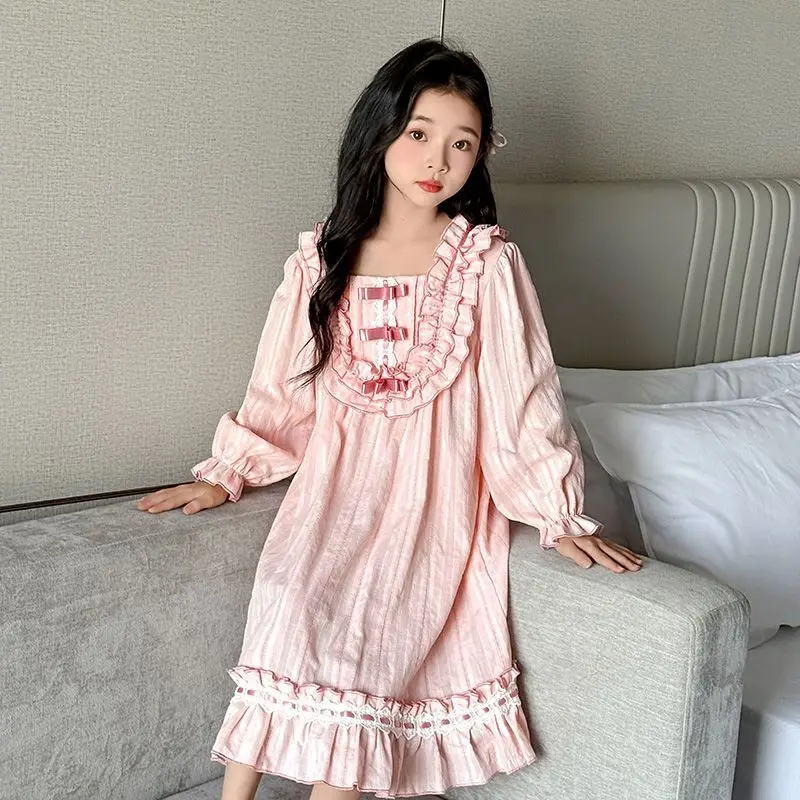 Children Cute Lolita Pajamas Student Home Clothes Korean Style Girls Nightgown Spring Autumn Pure Cotton Long Sleeve Sleepwear