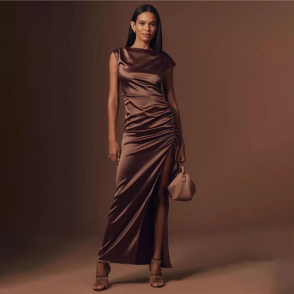 

Women's Formal Evening Gowns Boat Neck Sleeveless Pleated Evening Dresses Women Elegant Formal Wear for Party Wedding Cocktail