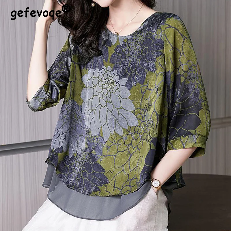 

Elegant Fashion Paisley Printed Gauze Chiffon Shirt Summer Autumn 2023 Half Sleeve O-Neck Loose Pullover Blouse Women's Clothing