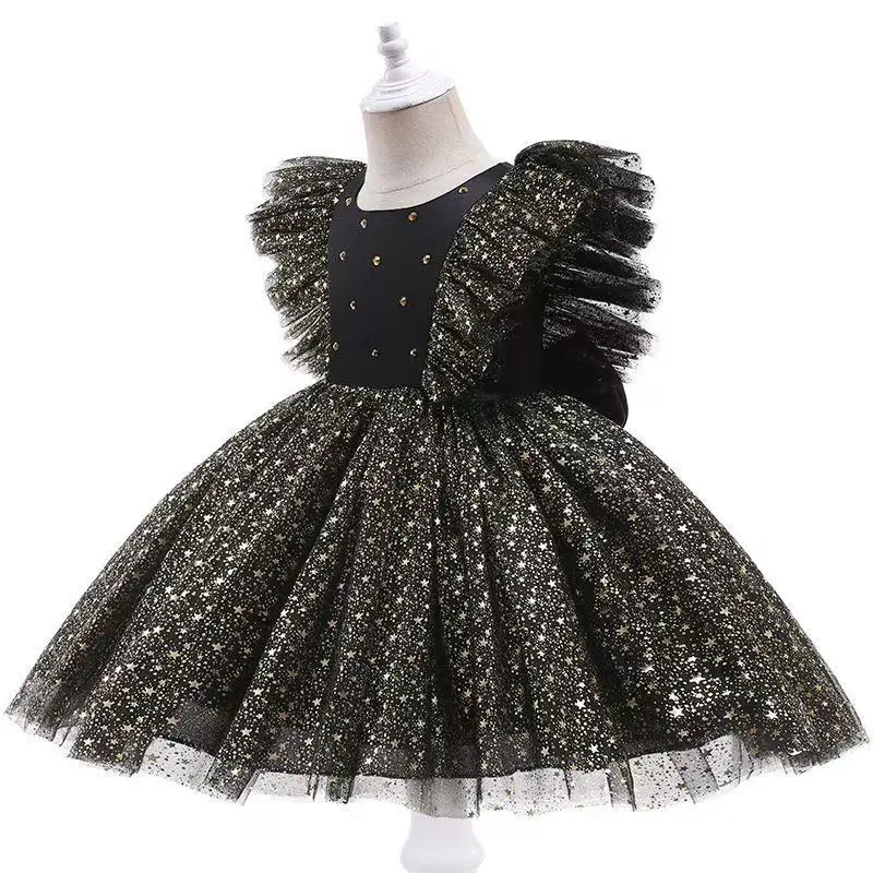 Toddler Baby Girls Bow Princess DressLuxury Star Sequins Flying Sleeve For Infant 1st Year Birthday Baptism Christmas Prom Gown