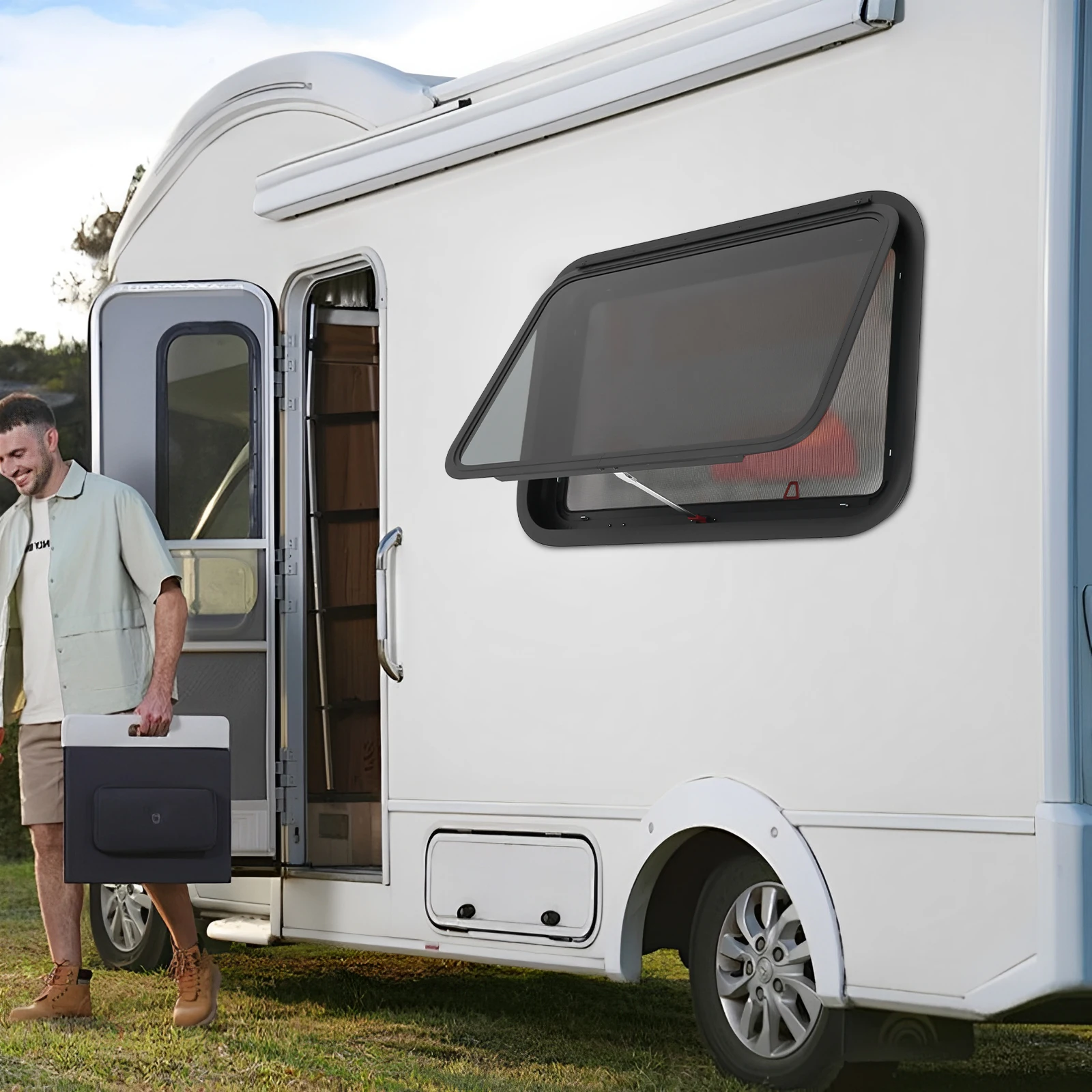 نافذة خروج RV مقاس 30 × 20 بوصة من الزجاج المقسى، نافذة تخييم زجاجية مرفوعة للأشعة فوق البنفسجية، شاشة حشرات للهروب في حالات الطوارئ، حماية من الأشعة فوق البنفسجية