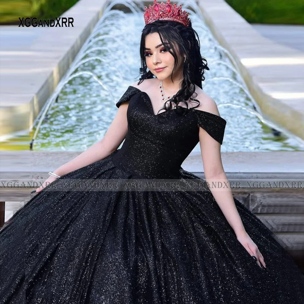 Maßgeschneiderte schwarze Quinceanera-Kleider 2024, glitzernde Nachtkönigin, schulterfrei, herzförmiger Schnür-Ballkleid, Vestidos de 15 Años 2025