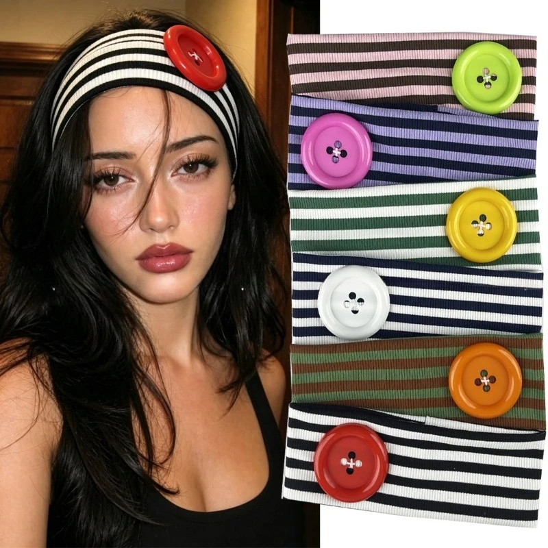 INS Retro Striped Ribbed Knit Elastic Headband For Women,Y2K Oversized Color Button Wide Hair Wrap Soft Stretch Hair Accessory