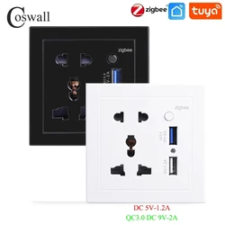 COSWALL WIFI / ZIGBEE Tuya Wireless Smart Universal 5 PIN Socket With Dual USB 18W Fast Charger QC 3.0 DC 5V/9V/12V Output