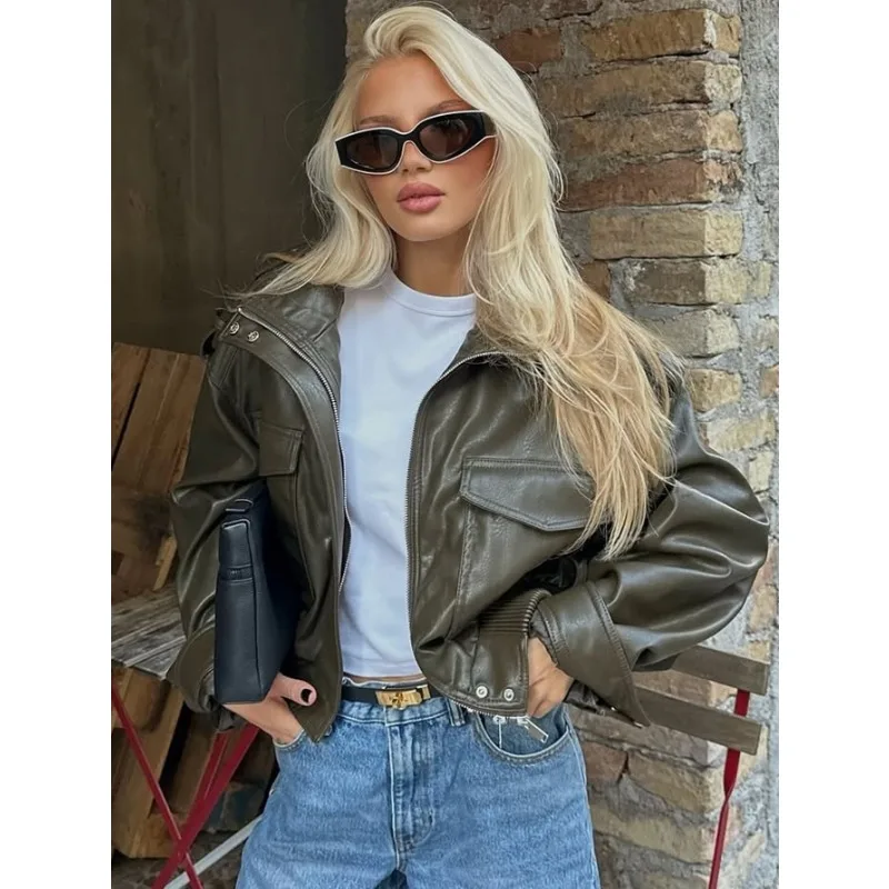 Faux Leather Cropped Jacket Women Solid Color Jackets Women Long Sleeve Women's Fashion Coats Stand Collar Women Clothing