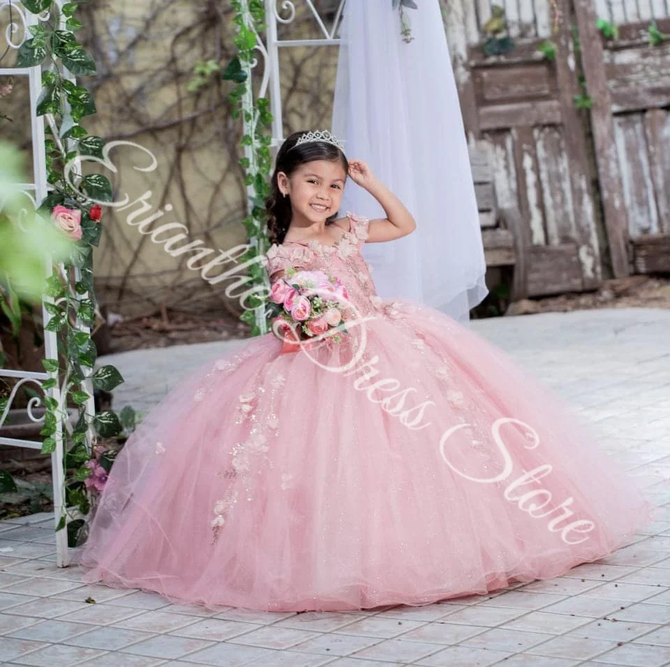 Customized Flower Girl Dress For Wedding Sparkling Pink Lace Tulle Puffy Applique Kids Birthday Party First Communion Ball Gowns