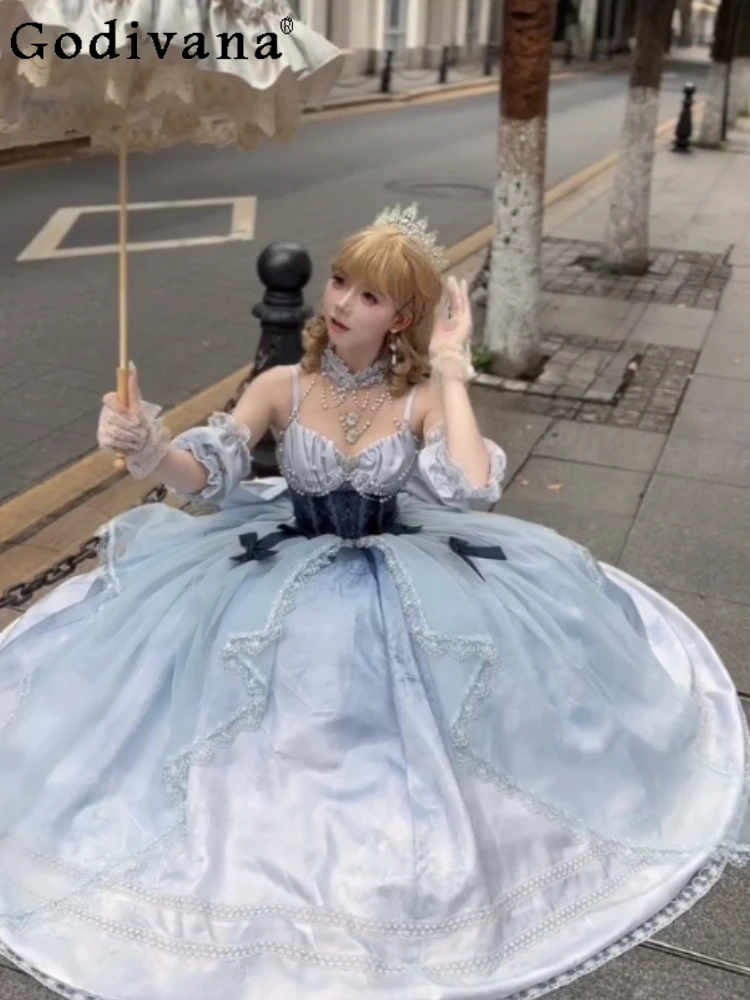 

Dreamy Sweet Japanese Original Lolita Palace Style Dress Evening Gown Coming-of-Age Birthday Banquet Blue Sweet Girl Long Dress