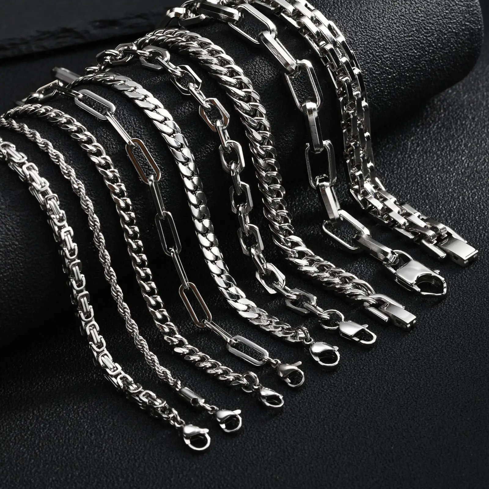 Punk Silver Color Men's Chain Bracelets,Hiphop Stainless Steel Braided Link Wristband,Classic Metal Jewelry Gift for Him Dad