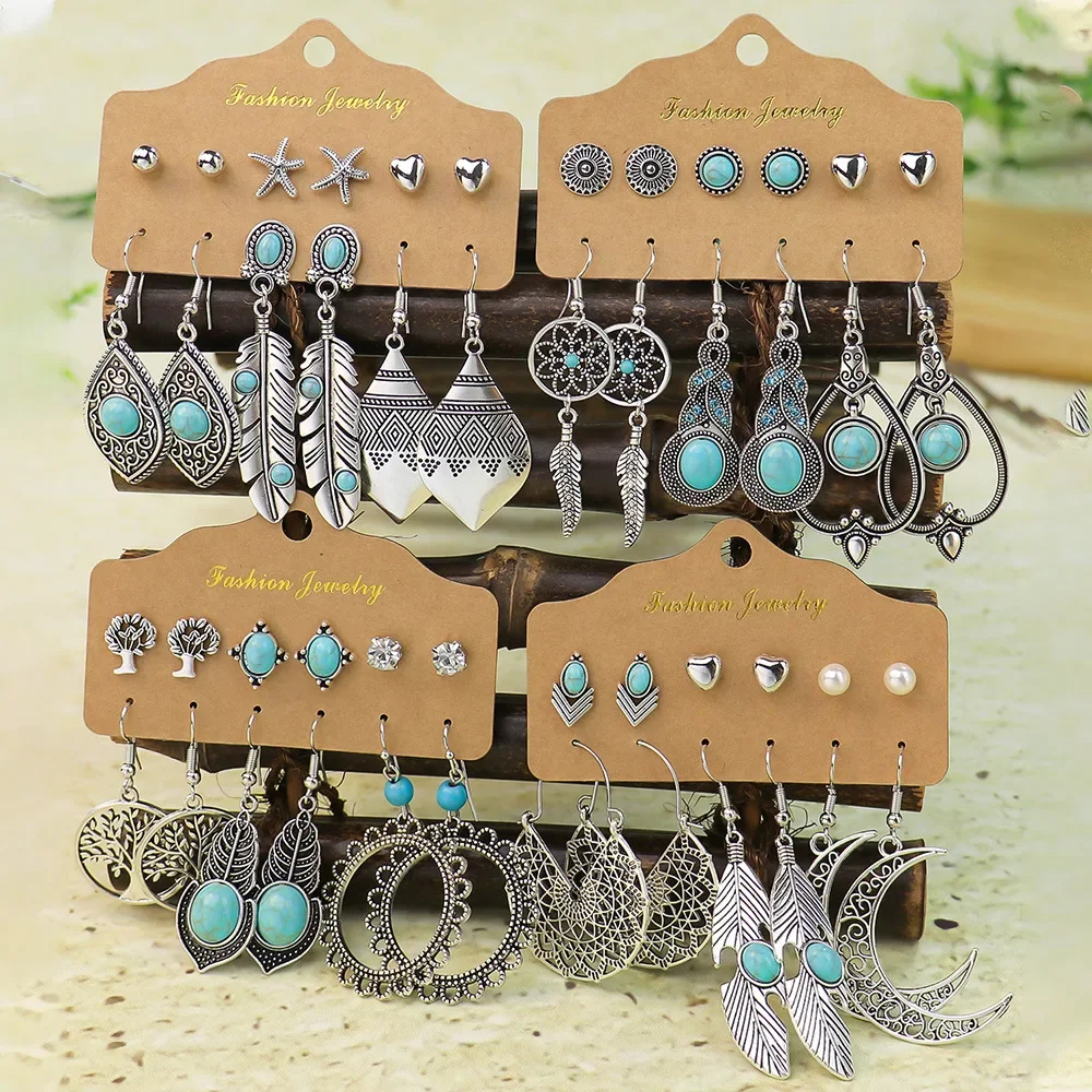 Boho Women Blue Turquoises Earrings Sets Ethnic Silver Color Round Feather Leaves Geometric Pendant Earrings Female Jewelry Gift