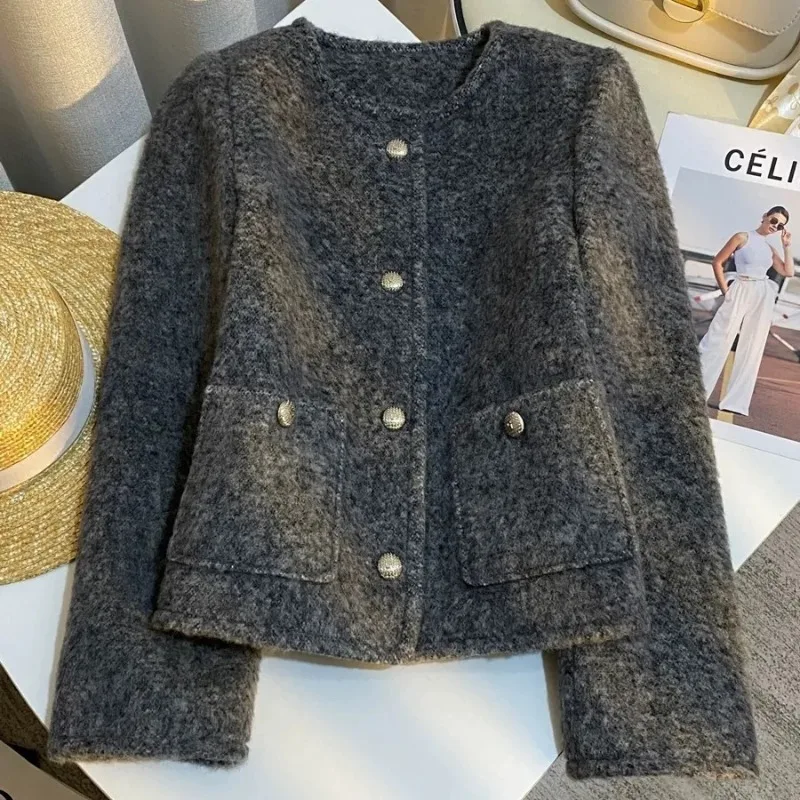 Cárdigan de manga larga para mujer, abrigo corto de temperamento gris, Top de moda versátil de estilo extranjero para mujer, otoño e invierno