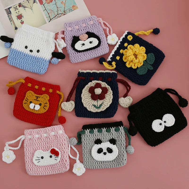 Cotton drawstring bag cute knitted storage bag for woman small Coin purses pouch children lipstick holder for girls high quality